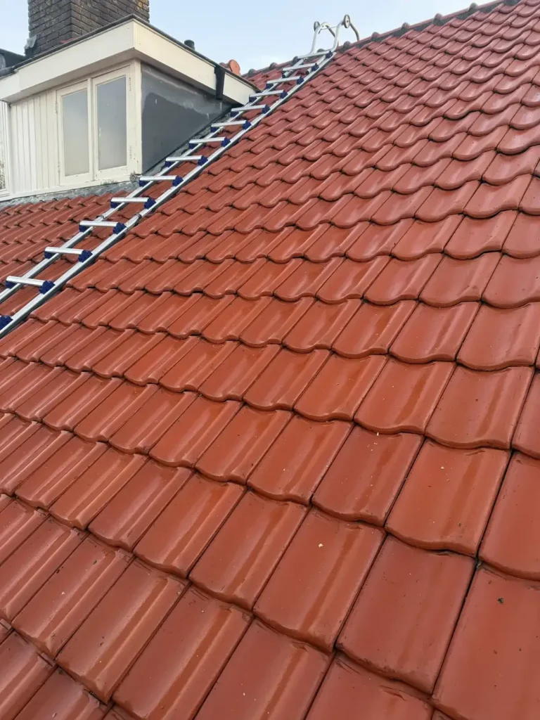 Schoon rood pannendak na professionele dakreiniging
