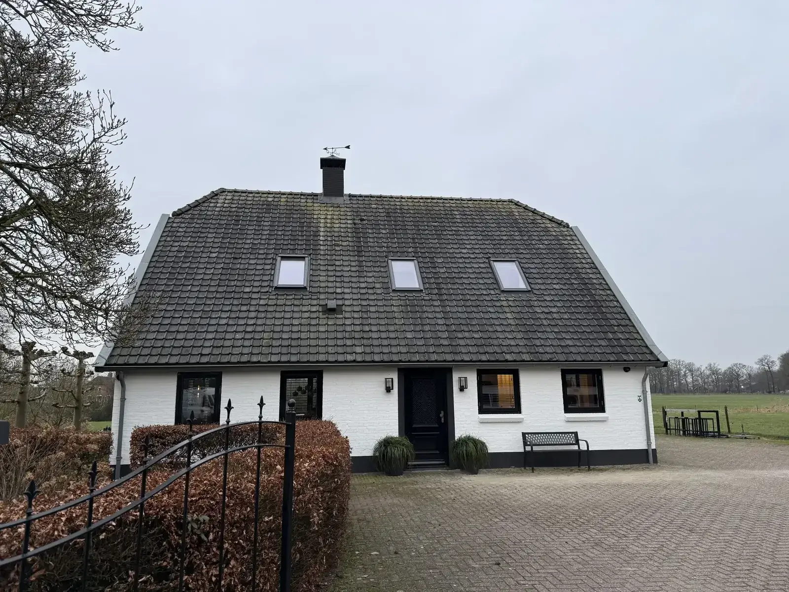 Vervuild pannendak van een woning voor dakreiniging