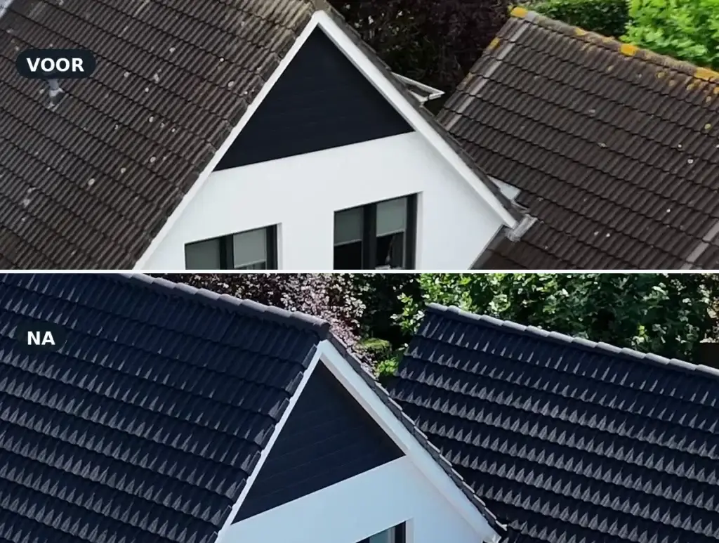 Dakcoating voor en na, verweerde dakpannen en zwart gecoat dak