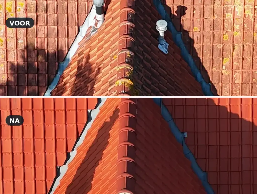 Dakreiniging voor en na in Haarlem: verweerd rood pannendak boven, fris rood dak onder