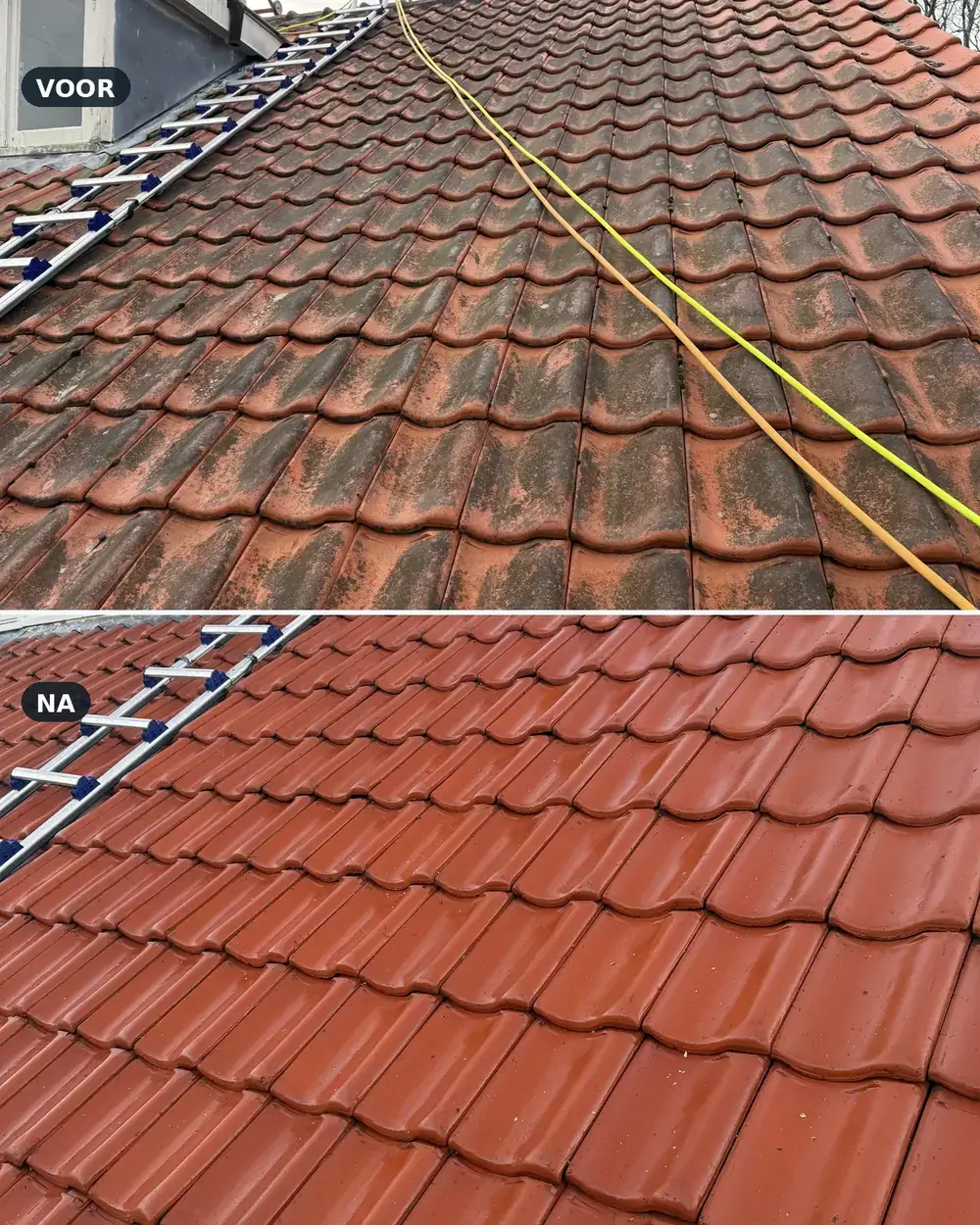 Dakreiniging voor en na: bemost rood pannendak boven, schoon rood pannendak onder