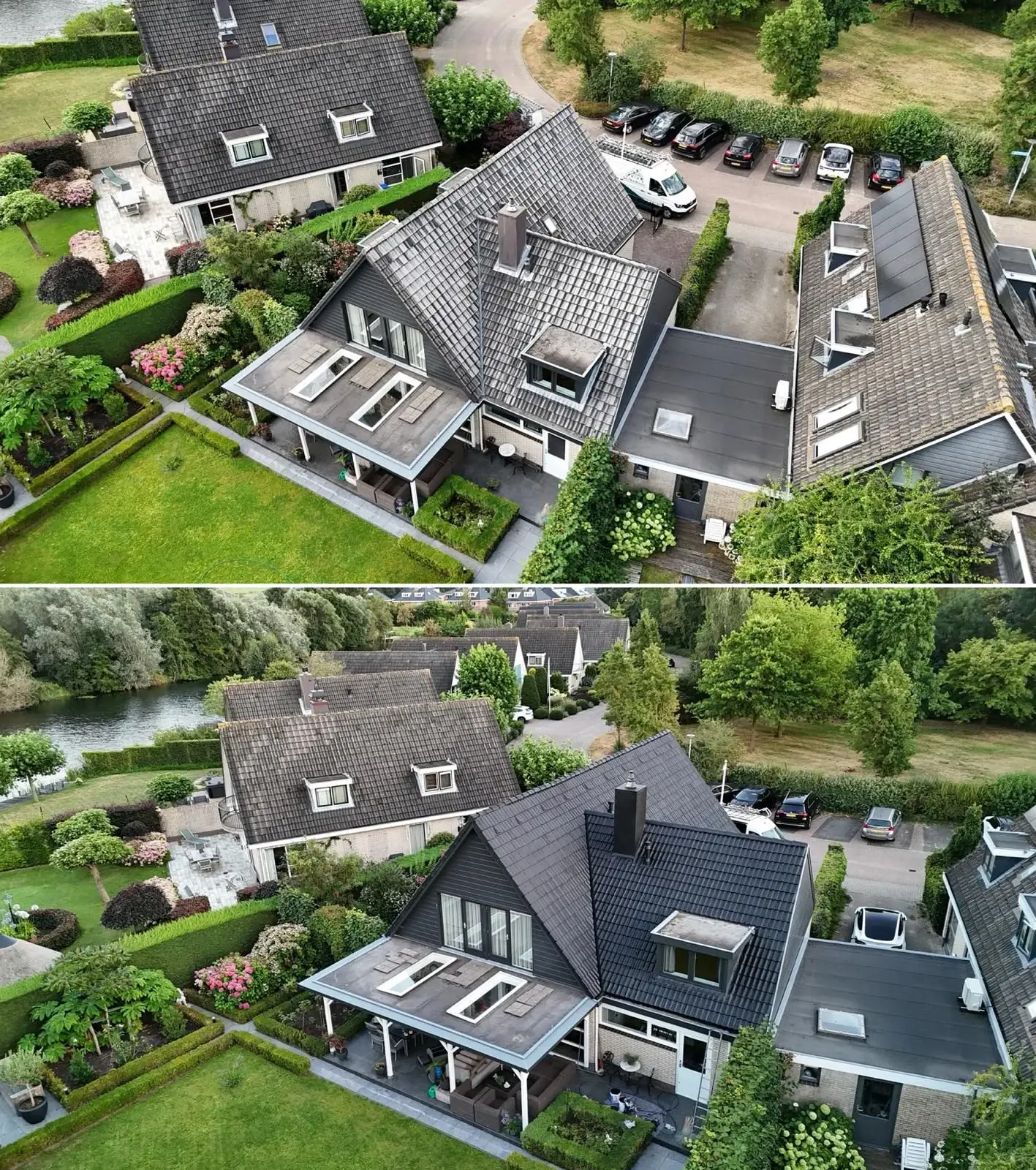 Dakcoating in Nederhorst den Berg: grijs verweerd dak boven, zwart gecoat dak onder